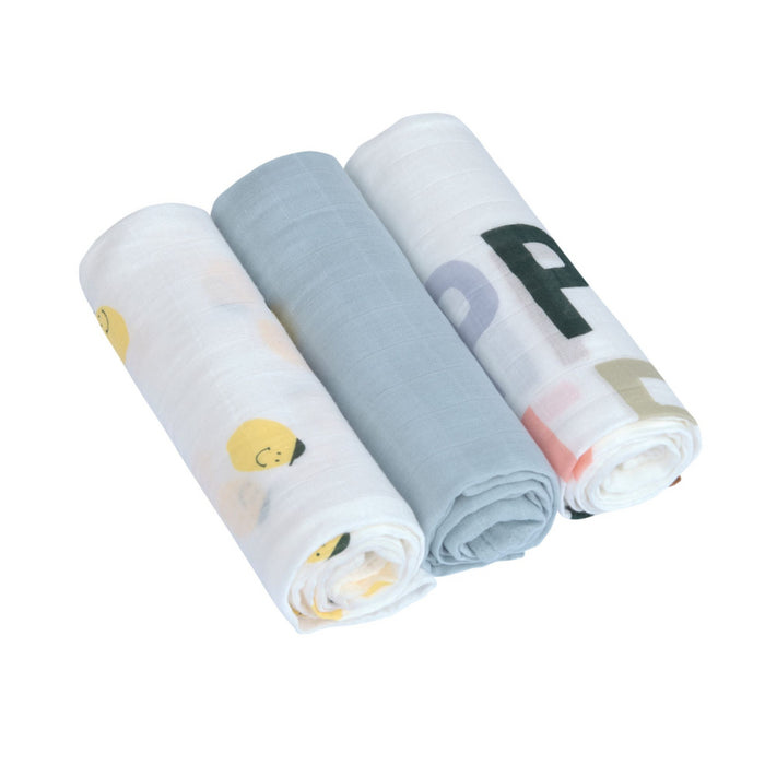 Lassig - Heavenly soft Swaddle L Happy Fruits Lemon, 3 pcs ass., 80 x 80 cm
