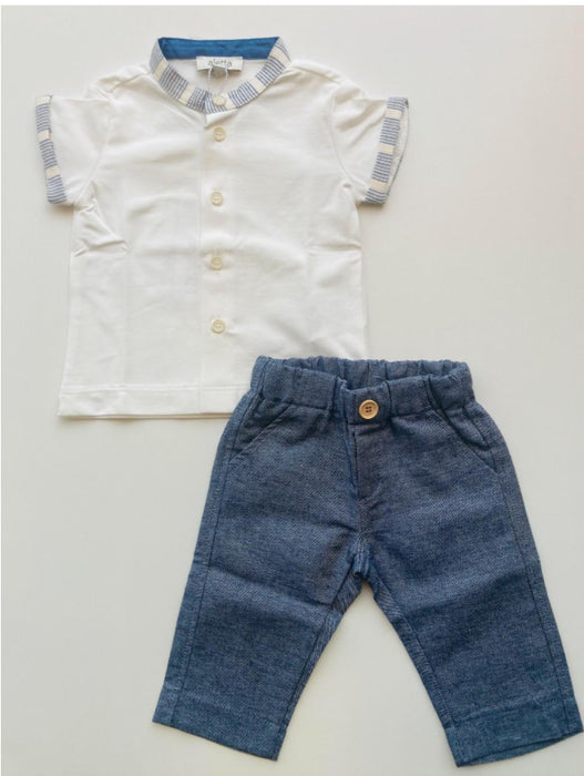 Aletta - T-shirt in wit met detail in jeans blauw