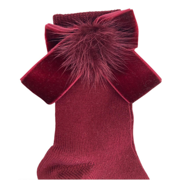 Meia Pata - Kniekousen bordeaux met strik in velvet en pompom