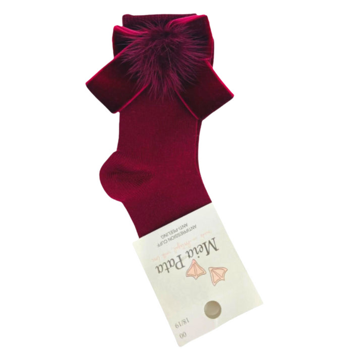 Meia Pata - Kniekousen bordeaux met strik in velvet en pompom