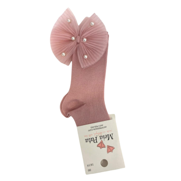 Meia Pata - Kniekousen oud roze met tule strik en parels