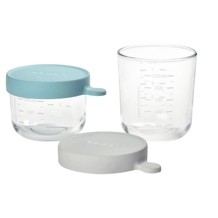 Beaba - Set van2 glazen bewaarpotjes150ml airy green/250ml mistgrijs