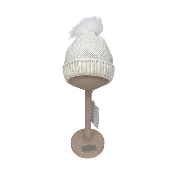 Il trenino - Muts in off white met parels en pompom