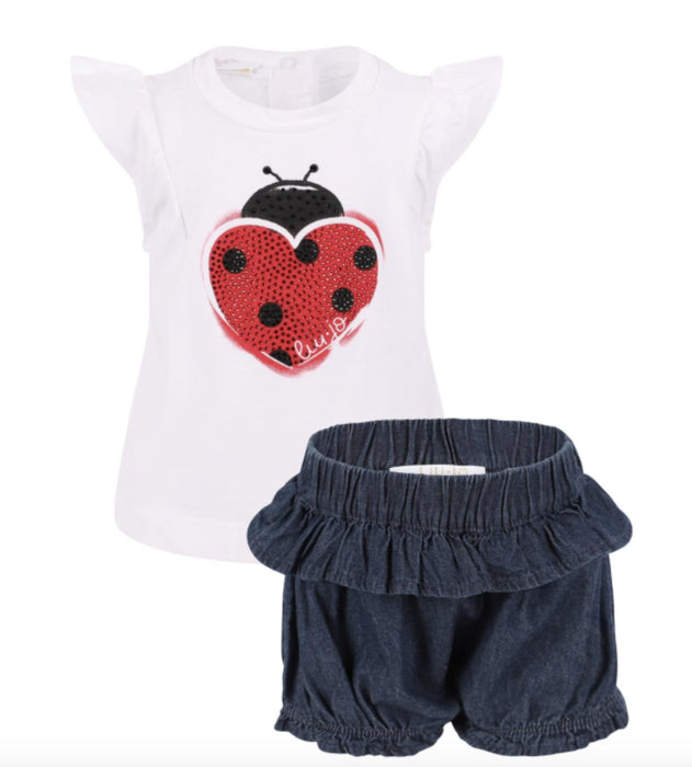 Liu Jo - Set van T-shirt in wit met lieveheersbeestje in rood en jeans short