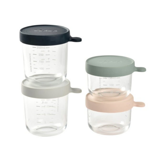 Beaba - Set van4 glazen bewaarpotjes (150ml roze /150ml eucalyptus groen /250ml lichtgrijs /250 ml donkerblauw)