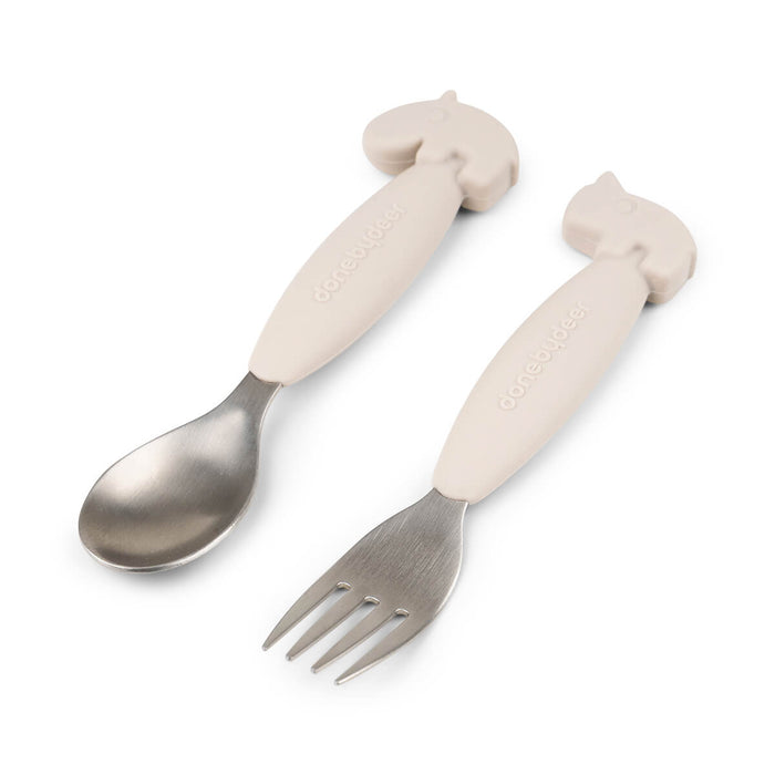 Done by Deer - Easy-grip spoon and fork set Deer friends Sand