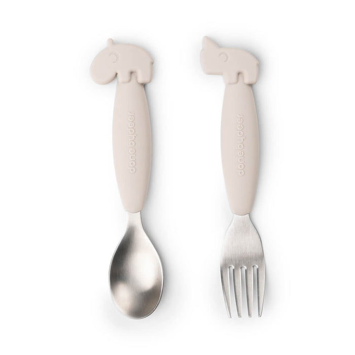 Done by Deer - Easy-grip spoon and fork set Deer friends Sand