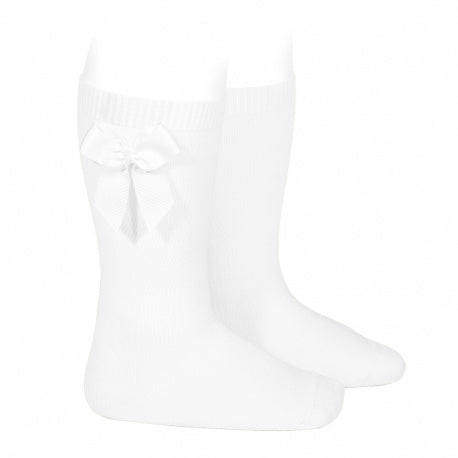 Condor - Cotton knee socks with side grosgrain bow - Wit