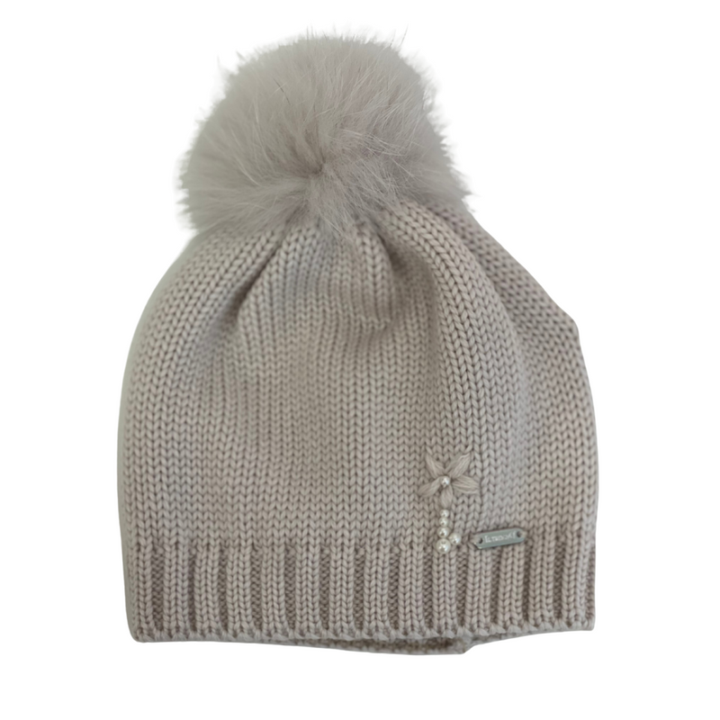 Il Trenino - Wollen muts met pompon en pareltje- Lichtbeige
