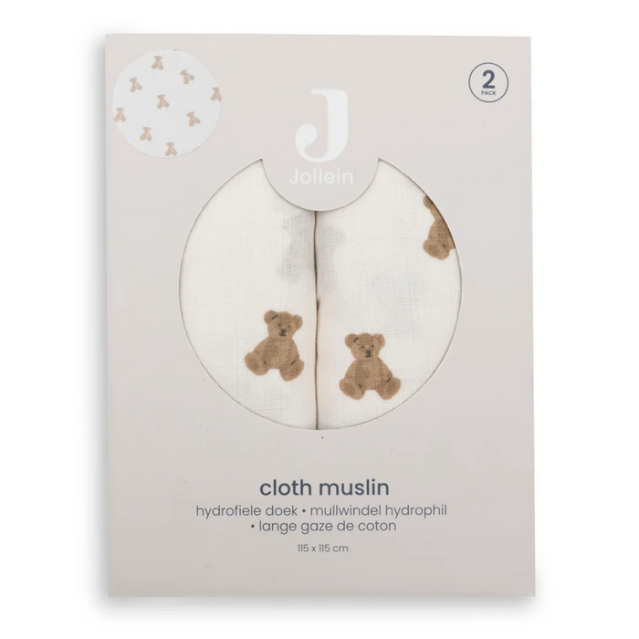 Jollein - Hydrofiele Doek Large 115x115cm - Mini Teddy Bear - 2 Stuks