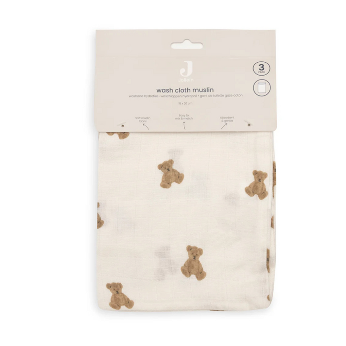 Jollein - Hydrofiel Washandje 15x20cm - Mini Teddy Bear - 3 Stuks
