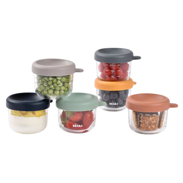 Béaba - Set van 6 glazen portiepotten 150 ml - Sunrise color mix