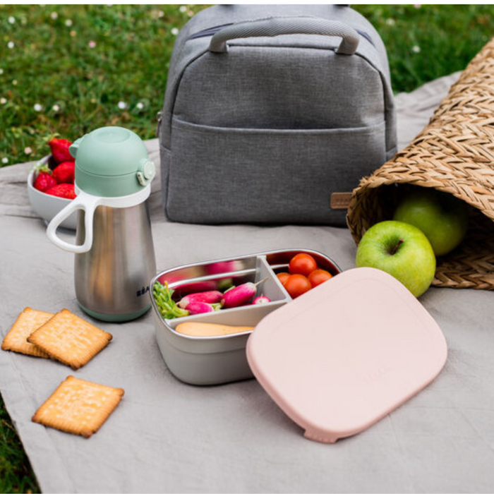 Beaba - RVS lunch box grijs/roze met siliconen hoes