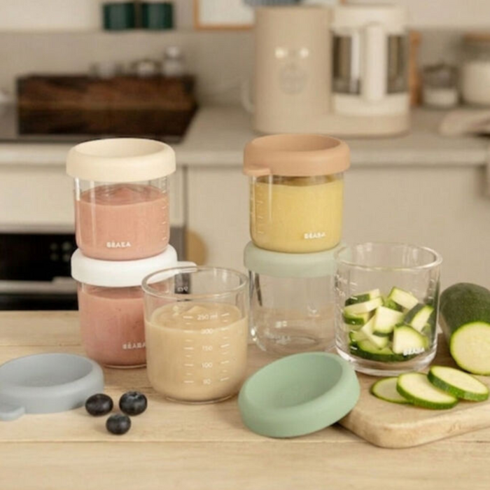Beaba - Set van 6 glazen bewaarpotjes 250 ml (Natural  color mix)