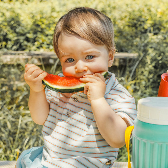Laranjinha - Polo shirt in multi-coloured striped plush - Aqua Blue