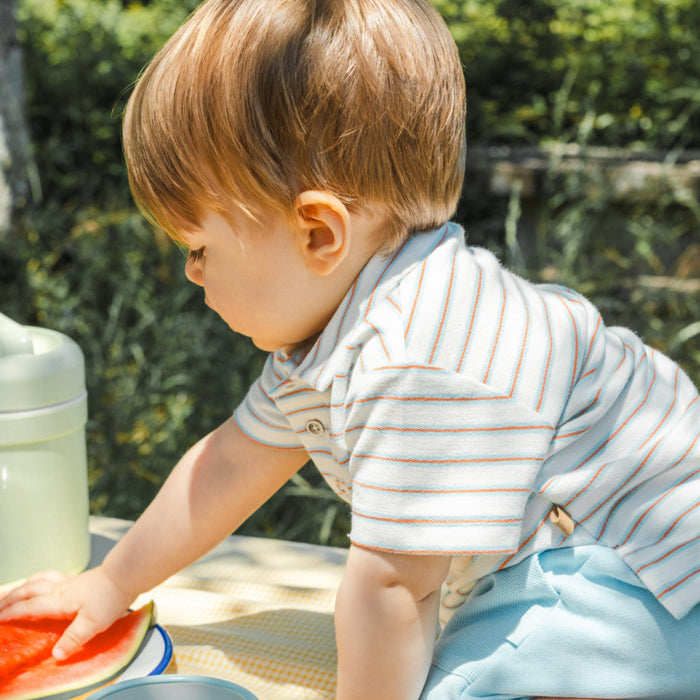 Laranjinha - Polo shirt in multi-coloured striped plush - Aqua Blue