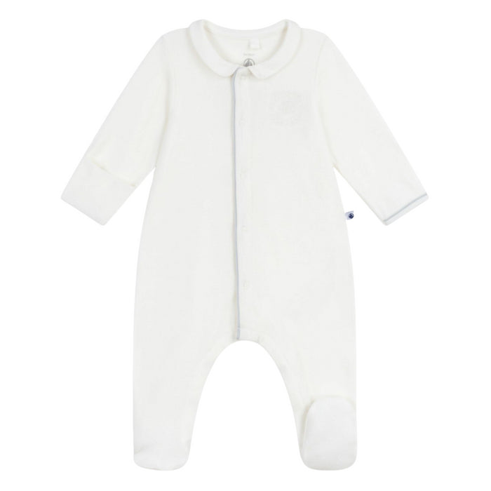 Petit Bateau -Effen fluwelen babypakje met kraag - Wit