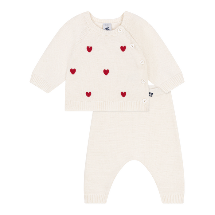 Petit Bateau - Tweedelig gebreid babysetje met geborduurde hartjes