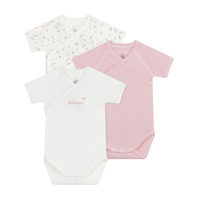 Petit Bateau - Set van 3 katoenen overslagbody's met print en korte mouwen