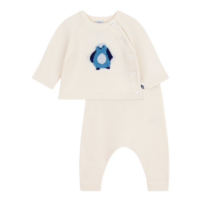 Petit Bateau - Tweedelig gebreid babysetje met pinguïnprint