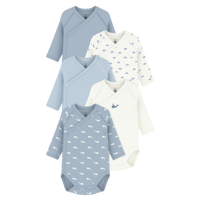 Petit Bateau - 5 body's met overslag  lange mouwen met print