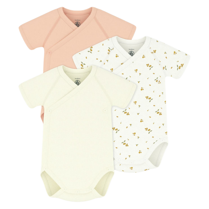 Petit Bateau - Set van 3 katoenen overslagbody's met print en korte mouwen peach