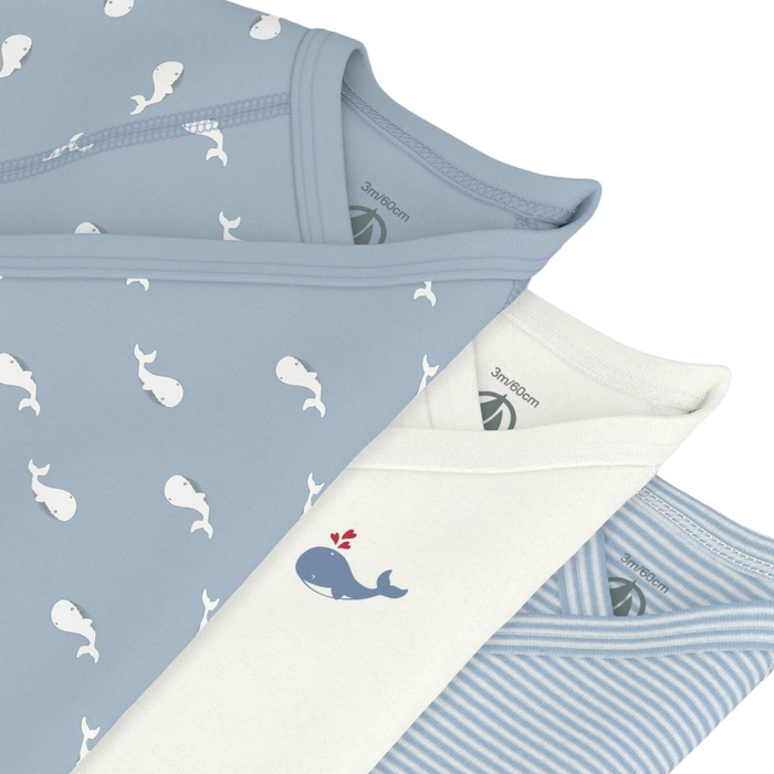 Petit Bateau - Set van 3 katoenen overslagbody's met print en korte mouwen - Blauw