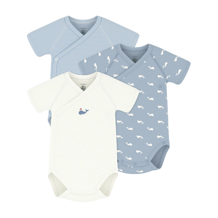 Petit Bateau - Set van 3 katoenen overslagbody's met print en korte mouwen - Blauw
