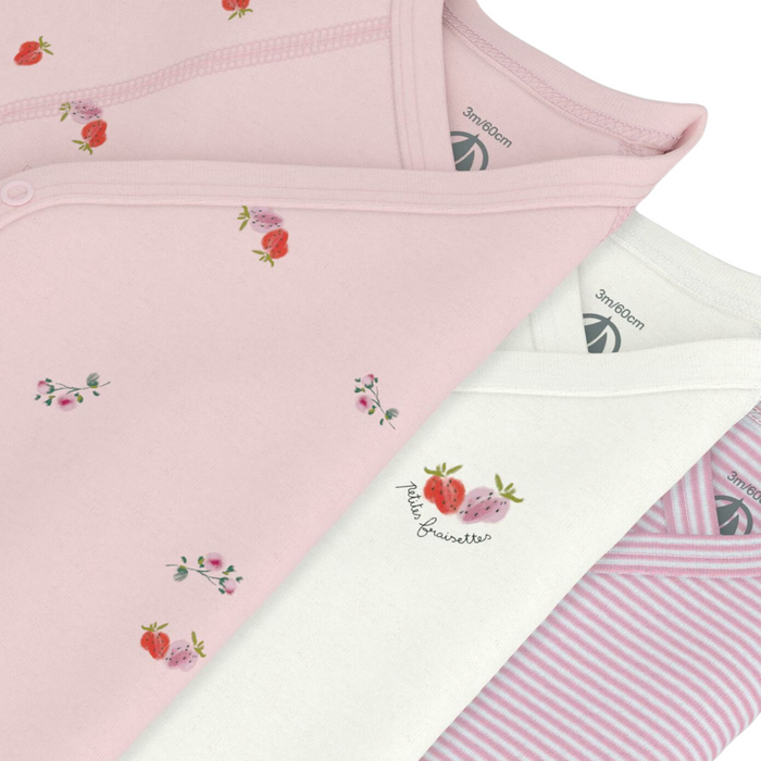 Petit Bateau - Set van 3 katoenen overslagbody's met print en korte mouwen - Roze