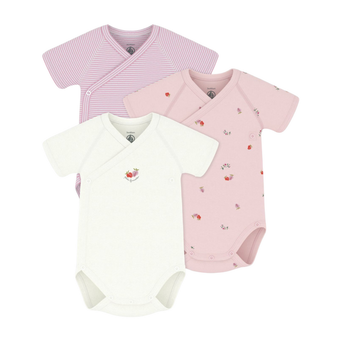 Petit Bateau - Set van 3 katoenen overslagbody's met print en korte mouwen - Roze
