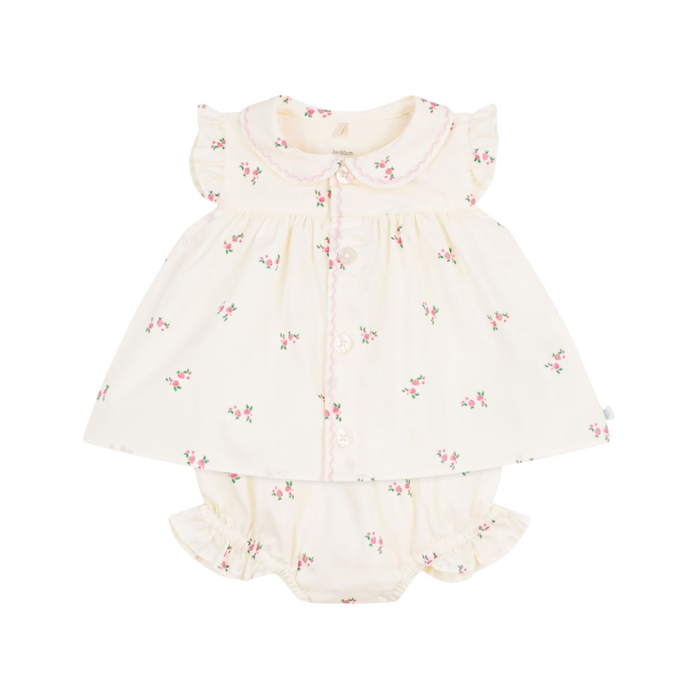 Petit Bateau - Tweedelig katoenen babysetje met een bloesje en een pofbroekje met bloemenprint
