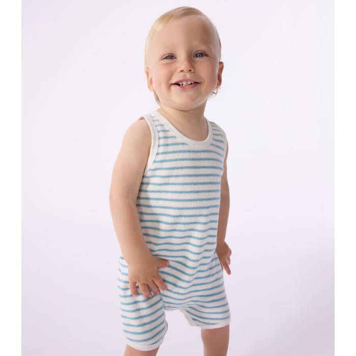 Petit Bateau - Korte babycombi zonder mouwen in boucléfluweel met streepjes