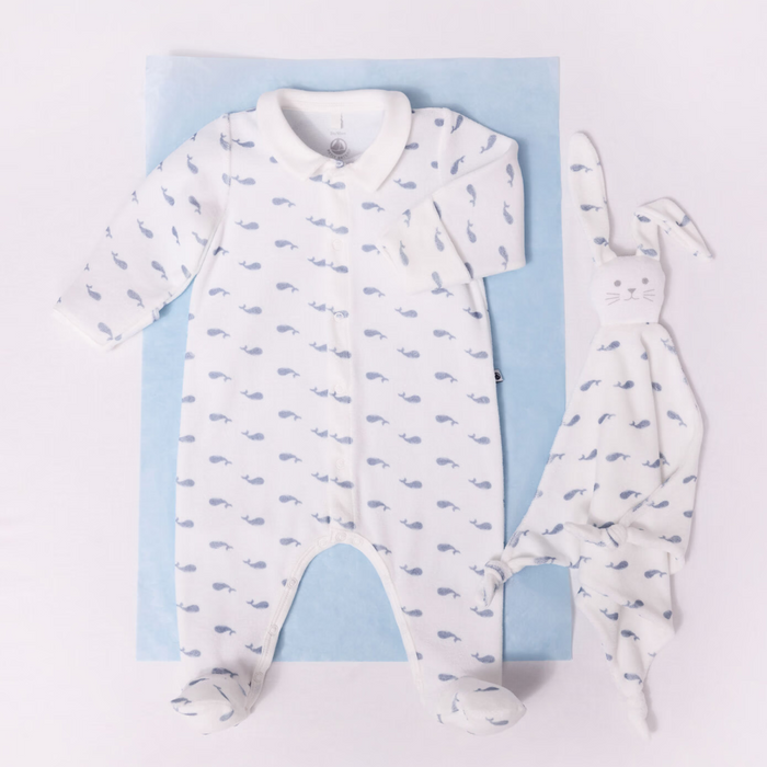 Petit Bateau - Fluwelen babypakje met kraagje en walvisprint