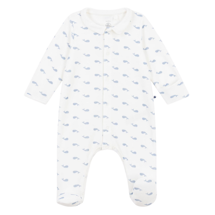 Petit Bateau - Fluwelen babypakje met kraagje en walvisprint