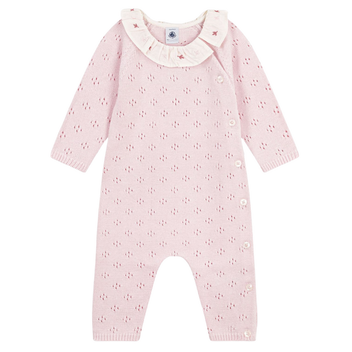 Petit Bateau - Gebreid babypakje van wol en katoen met effen kraagje - Roze