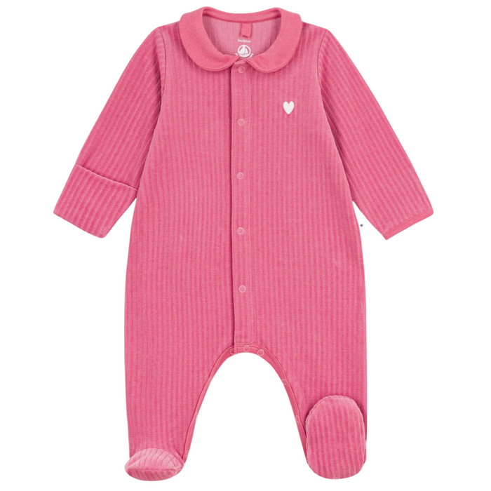 Petit Bateau - Effen fluwelen babypakje met kraag - Roze