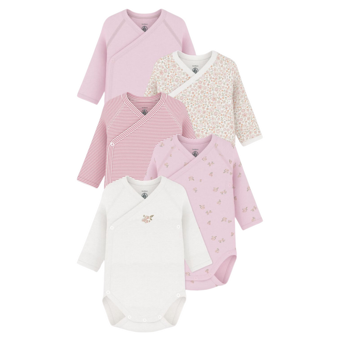Petit Bateau - 5 katoenen babybody's met overslag en lange mouwen met print