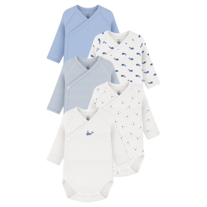 Petit Bateau - 5 katoenen babybody's met overslag en lange mouwen met print