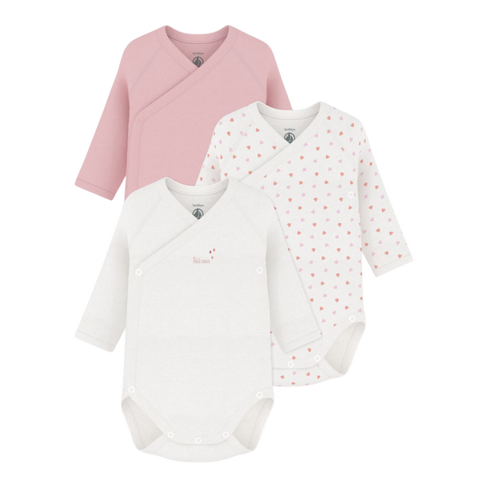 Petit Bateau - Set van 3 katoenen Body's met overslag en lange mouwen - Roze