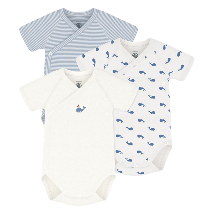 Petit Bateau -3 body's korte mouwen en overslag - Walvisjes