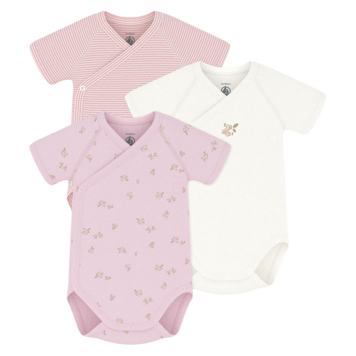 Petit Bateau - 3 body's korte mouwen en overslag - Bloemetjes