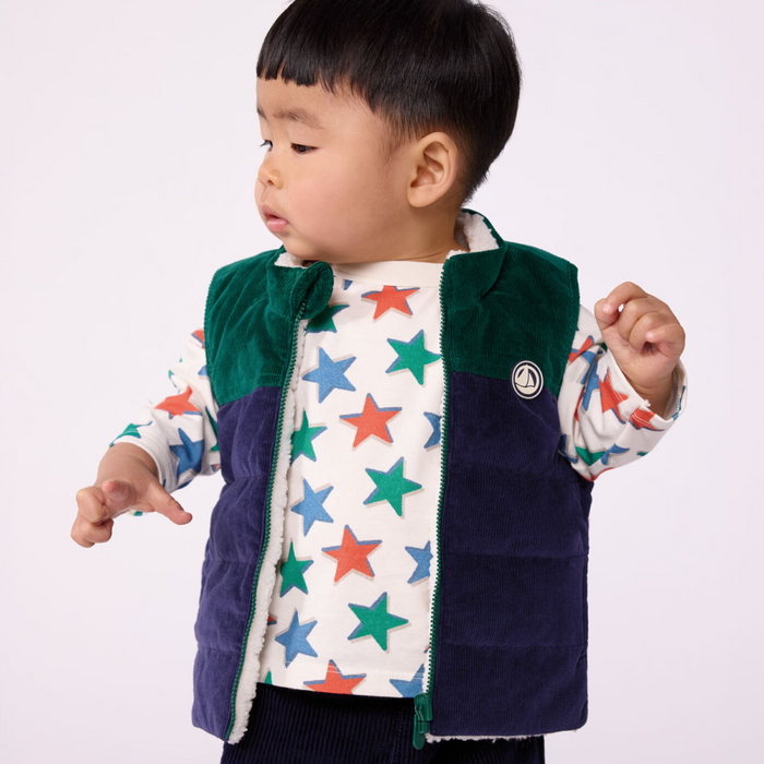 Petit Bateau - Bodywarmer omkeerbaar van fluweel en sherpa - Blauw/Groen
