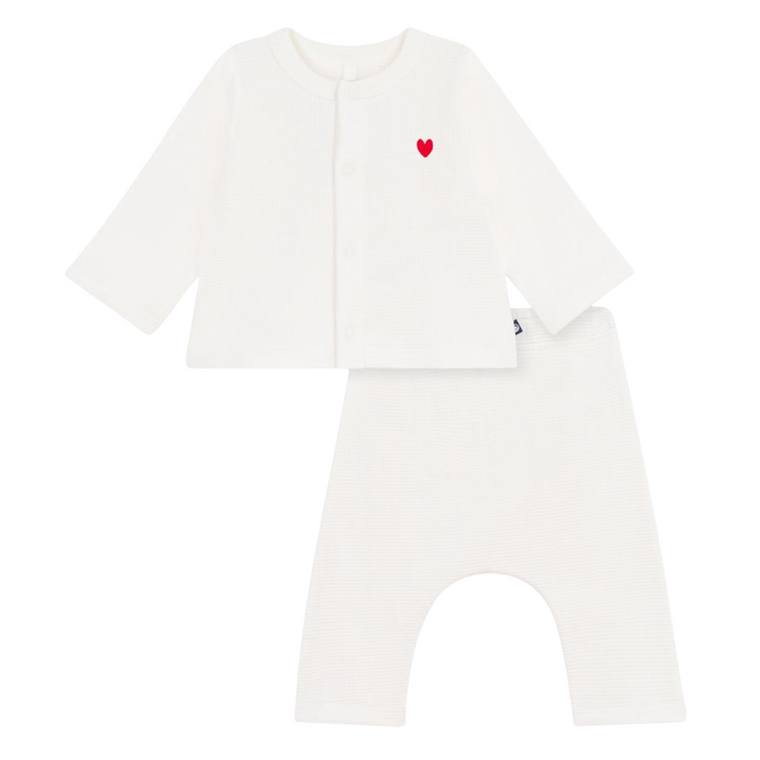 Petit Bateau - Tweedelige effen babyset met geborduurd hartje - Wit