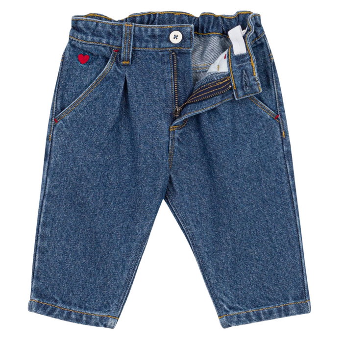 Petit Bateau - Effen denim broek met geborduurd hartje