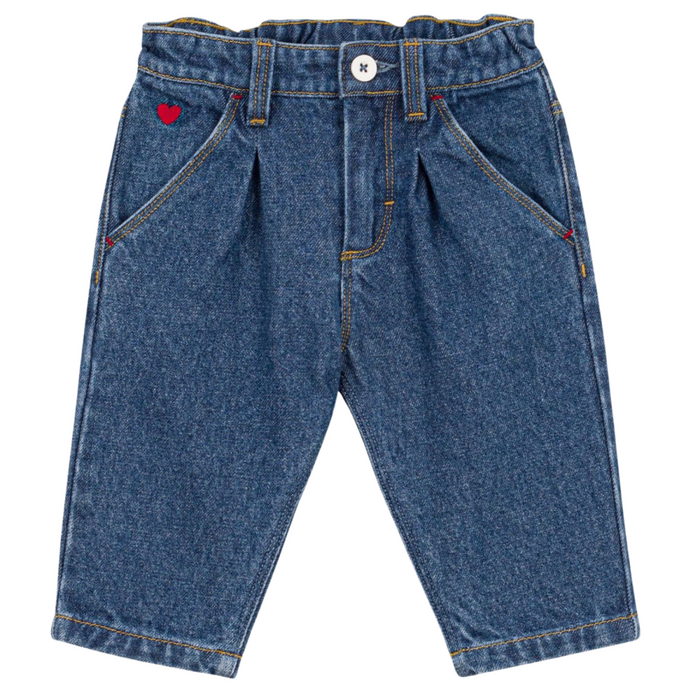 Petit Bateau - Effen denim broek met geborduurd hartje