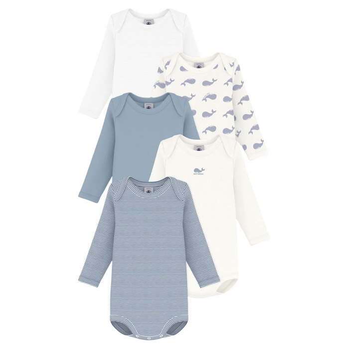 Petit Bateau - Set van 5 katoenen babybody's met lange mouwen en print