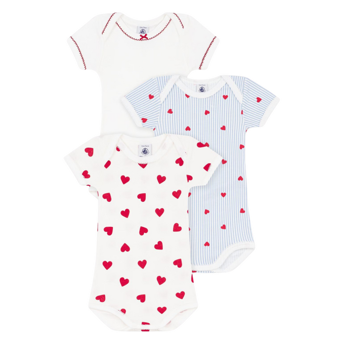 Petit Bateau - Set van 3 body's met korte mouwen - Hartjesprint
