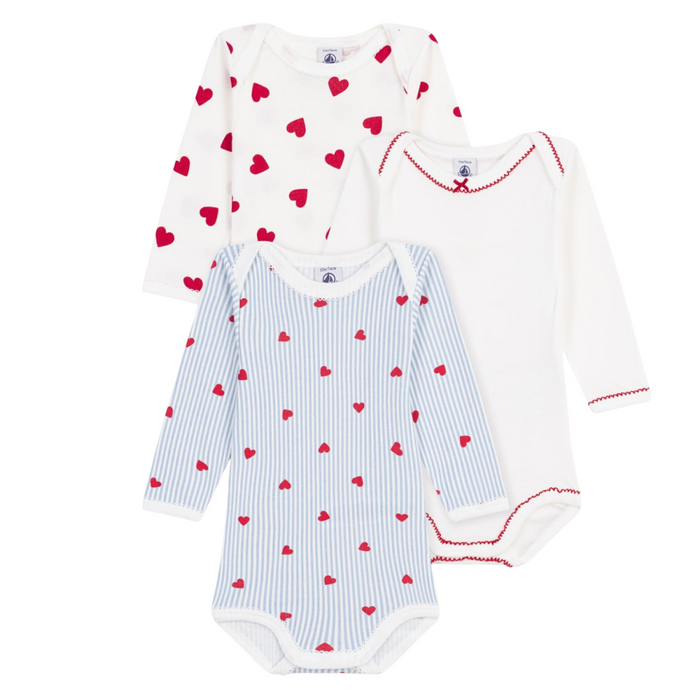 Petit Bateau - Set van 3 body's lange mouwen - Hartjes