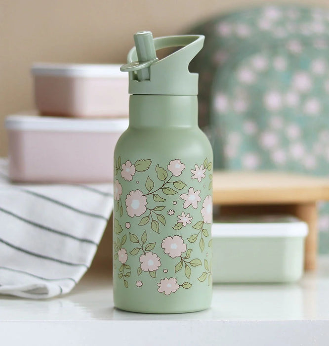 A little lovely Company - RVS drinkfles: Bloesems - saliegroen