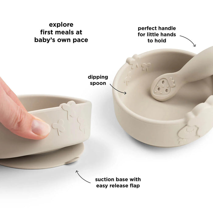 Done by Deer - Silicone Stick&Stay bowl & baby spoon - Sheepy Sand